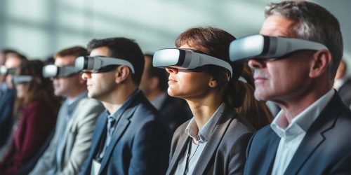 Group of people at a conference in VR glasses business themes